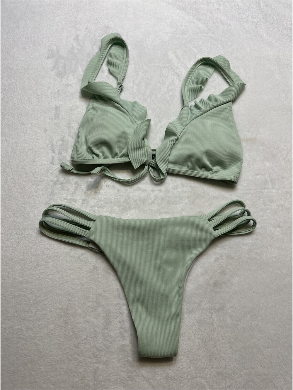 Light Green Tie Bikini with Ruffles Cheeky Size Medium